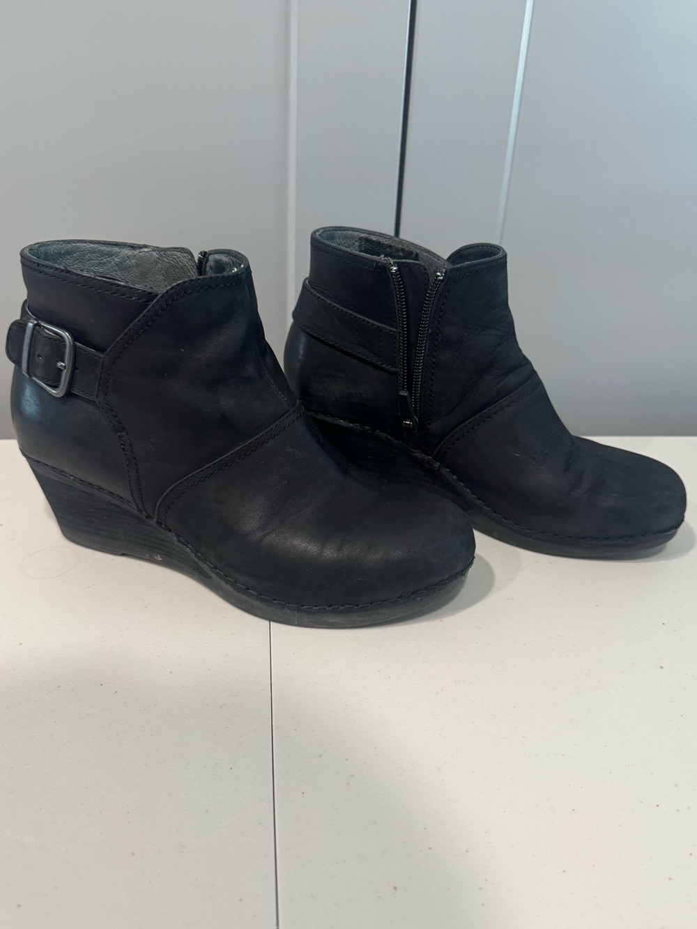 Dansko Black Leather Wedge Ankle Booties with Side Buckle